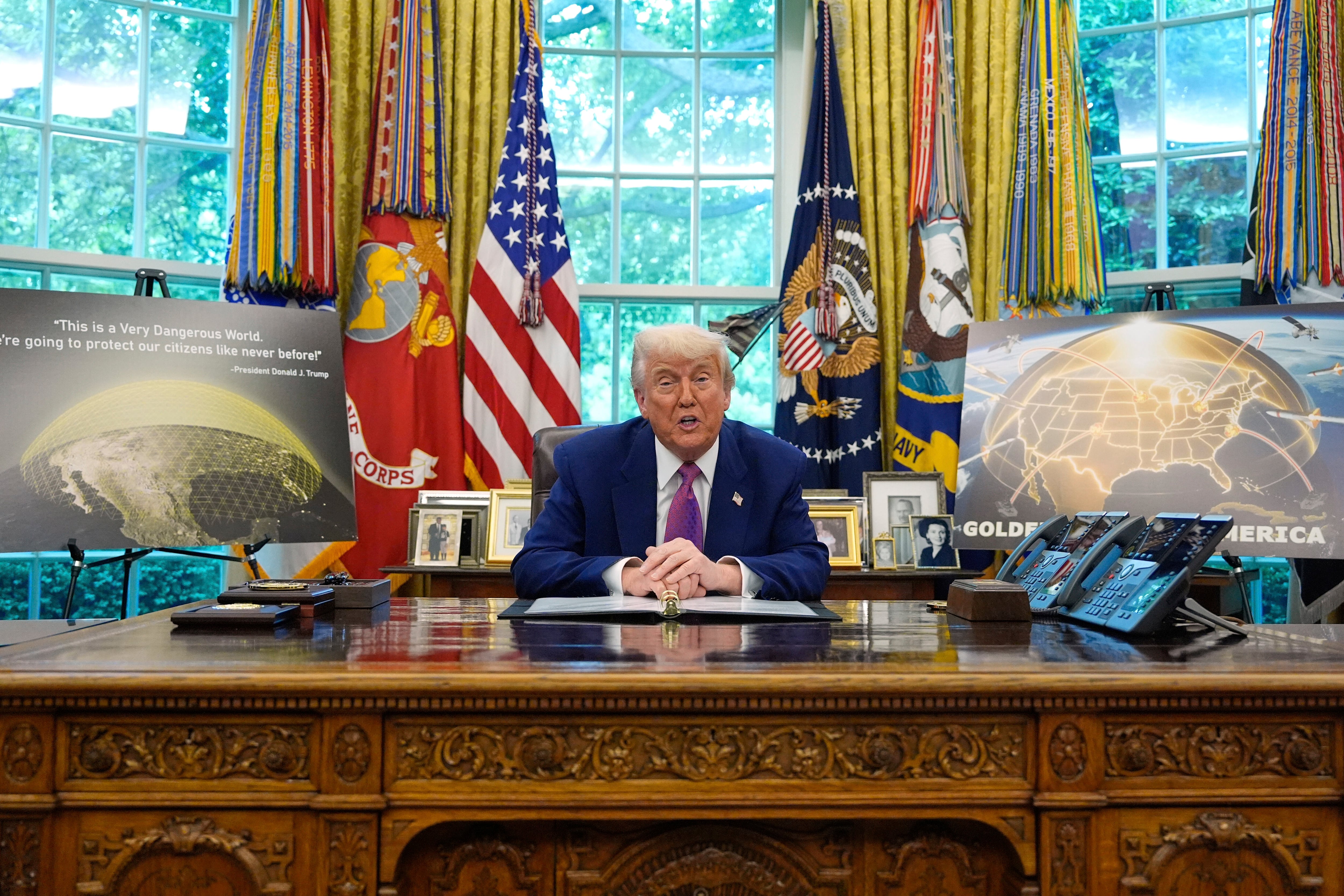 President Donald Trump speaks in the Oval Office of the White House, Tuesday, May 20, 2025, in Washington.