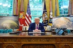 President Donald Trump speaks in the Oval Office of the White House, Tuesday, May 20, 2025, in Washington.