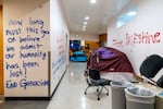 A tour inside the occupied Branford Price Millar Library at Portland State University, April 30, 2024. Demonstrators protesting the war in Gaza have occupied the library since Monday evening.