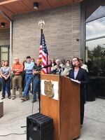 Oregon Gov. Kate Brown speaks at a press conference about the Eagle Creek Fire, Saturday, Sept. 9, 2017, in Troutdale, Oregon.