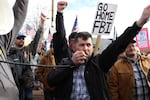 B.J. Soper speaks into a megaphone. Protesters with the Pacific Patriots Network faced a counter protest of Harney County residents during the occupation in Burns in January 2016.