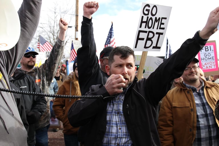 B.J. Soper speaks into a megaphone. Protesters with the Pacific Patriots Network faced a counter protest of Harney County residents during the occupation in Burns in January 2016.