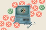 Illustration of computer next to a stethoscope swarmed by red crossmarks and green checkmarks.