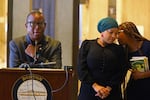 The Rev. Kevin Peterson, director of the New Democracy Coalition, speaks at a news conference outside the Christopher A. Iannella Chamber in Boston City Hall in Boston on June 15, 2022.