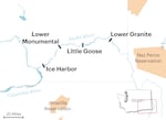 A map shows the Ice Harbor, Lower Monumental, Little Goose and Lower Granite dams along the Snake River in southeastern Washington State.