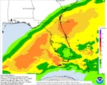 This color-coded map shows potential rainfall totals in inches from Hurricane Milton throughout Florida. The colors span the color spectrum from green to orange.