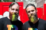 Brian Delaurenti and Johnathan Dahl, the men behind the popular Instagram account Gay Beards, show off their rainbow beards at the Portland Pride Parade Sunday, June 19, 2016.