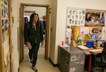 New Portland Public Schools Superintendent Kimberlee Armstrong visits teacher Lionel Clegg's first-grade classroom on the first day of school at Woodlawn Elementary, northeast Portland, Ore., Aug 27, 2024. Armstrong says that, while the district has faced struggles, "when I walk through these doors, I see excitement and passion."