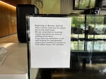 A notice warns customers about potential staffing issues at a campus cafe on the University of Oregon campus in Eugene on Monday, April 28, 2025.