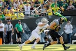 Oregon tight end Johnny Mundt scores a touchdown on a pass reception during the second quarter as UC Davis defensive back Zach Jones (44) follows, during an NCAA college football game in Eugene, Ore., Saturday, Sept. 3, 2016.