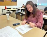 Julia Short working at Chemeketa Community College on Feb. 21, 2024. Short said her recent success in math has given her the confidence to try other difficult subjects.