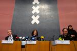 Amsterdam's Mayor Femke Halsema (center), acting Amsterdam police chief Peter Holla (left) and head of the Amsterdam public prosecutor's office René De Beukelaer hold a news conference after Israeli fans and protesters clashed overnight after a soccer match, in Amsterdam, Netherlands, Friday.