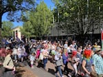 FILE - On June 28, 2025, Eugene Pride kicked off with a rally in Kesey Square, followed by a march through downtown Eugene to the Lane Events Center. This year, the rally and march have been cancelled, but the festival will continue.