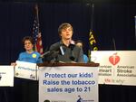 High school senior Mason Thurman speaks at a state capitol press conference in Salem on behalf of a bill that would raise the legal limit to purchase tobacco products from 18 to 21.