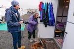 Kathryn Perkins and her dog, Monster, have lived for six months at a homeless shelter facility in The Dalles which consists of 18 tiny homes in an industrial area overlooking the Columbia River. Each unit is equipped with two beds to provide transitional housing for adults experiencing homelessness in Wasco County.