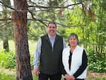 Marko Bey and Belinda Brown of Lomakatsi Restoration Project spoke to "Think Out Loud" team members near the starting point of the Almeda Fire in Jackson County in April.