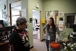 Class Of 2025 student Dale talks with principal Becca Bostwick at Taft Elementary School in Lincoln City, in November 2018.