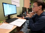 Desmond Hoy searches for entry-level welding jobs in the Portland area at Deer Ridge Correctional Institution on April 30, 2024.