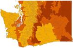 A map of Washington state is blotted with areas of yellow, orange and red. The red, primarily in eastern and central parts of the state, indicates the highest priority areas for conserving imperiled bumblebees, according to Washington state's 2023 Bumblebee Conservation Strategy.