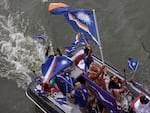 Team Marshall Islands are seen on a boat on the River Seine during the opening ceremony of the Olympic Games Paris 2024 on July 26.
