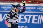 United States' Lindsey Vonn celebrates at the finish area of an alpine ski, women's World Cup Super G, in Tarvisio, Italy, Sunday, Jan. 18, 2026.