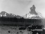 This photograph from 1914, shows volcanic activity on Mount Lassen, in the southern portion of the Cascade Range. The mountain stirred for several months before its largest eruption in May 1915.