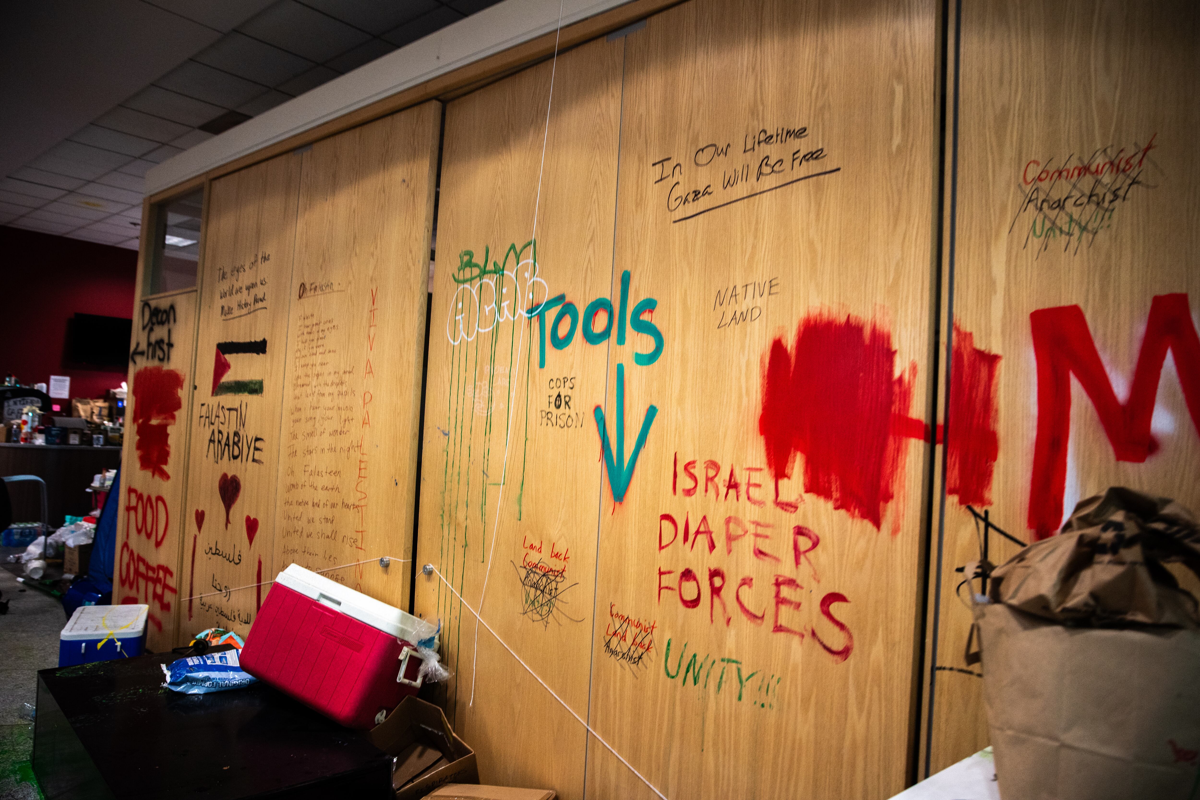 Walls are covered in spray-painted messages and screeds at Portland State University’s Branford Price Millar Library Thursday morning, May 2, 2024.