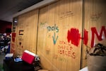 Walls are covered in spray-painted messages and screeds at Portland State University’s Branford Price Millar Library Thursday morning, May 2, 2024.
