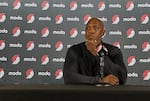 Portland Trail Blazers head coach Chauncey Billups answers questions at the team's media day Sept. 30, 2024. Billups said he hoped to see the team mesh better after last season's injury-wracked campaign.