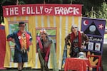 Jim Plunkett, Jan Zuckerman, and Bonnie McKinlay (left to right) perform in an original skit titled "The Folly of Frack".