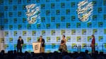 Books With Pictures owners Andréa Gilroy and Katie Pryde on stage at the Eisner’s ceremony.