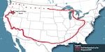 A red line snakes around the map of the United States, marking the proposed route for the American Perimeter Trail.