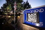 A view of the Bend police station during a protest on Oct. 4, 2020. 