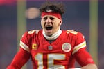Patrick Mahomes #15 of the Kansas City Chiefs reacts as he runs onto the field prior to the AFC Championship Game against the Buffalo Bills at GEHA Field at Arrowhead Stadium on January 26, 2025 in Kansas City, Missouri.