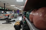 Allen's Crosley Lanes in Vancouver, Wash. on May 4, 2026. The gold bowling bag belongs to Sean Hauff, a Crosley Lanes Monday night league bowler whose nickname around the lanes is "The King."