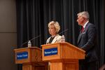 Carmela Conroy, left, the Democrat challenging Republican U.S. Rep. Michael Baumgartner in the 2026 general election for his seat in Washington state's 5th Congressional District, answers a question during a candidate forum at Whitman College's Cordiner Hall on Sept. 21, 2026.