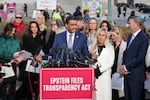 Rep. Ro Khanna, D-Calif., former Rep. Marjorie Taylor-Greene, R-Ga., and Rep. Thomas Massie, R-Ky., speak during a news conference as the House prepares to vote on the Epstein Files Transparency Act, at the Capitol in Washington, Tuesday, Nov. 18, 2025.