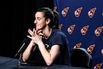 Caitlin Clark of Indiana Fever talks with reporters before the Golden State Valkyries played the Indiana Fever at Chase Center in San Francisco on Thursday, May 28, 2026.