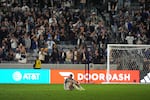 Portland Timbers midfielder Kristoffer Velde sits on the field after San Diego FC defeated the Timbers 2-1 in Game 1 in the first round of MLS soccer's Western Conference playoffs Sunday, Oct. 26, 2025, in San Diego.