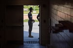 Marine Corps drill instructors wait outside an auditorium as Fox Company 2nd Recruit Training Battalion participate in a history class at Marine Corps Recruit Depot, Parris Island on August 22 in Beaufort County, S.C