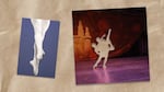 A collage of two photos showing a male ballet dancer's feet and legs during performance and a photo of Busch and a female dance partner performing at Interlochen but their figures have been cut out from the photo.
