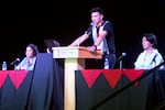 Students speak on a panel at Western Oregon University's HSI Summit on April 26, 2023, in Monmouth, Ore.