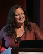 Gabriann Hall gives a presentation on her work in Klamath history and culture at Tower Theater in Bend, Oregon, on March 20, 2023.