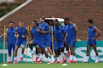 The French team holds a training session on Monday in University Park, Texas a day before the World Cup semifinal match between France and Spain.