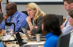 Portland Public Schools’ Board of Education member Julia Brim-Edwards, center, speaks during a board meeting at the Portland Public Schools district offices, Sept. 19, 2023. She also serves on the Multnomah County Commission, and appears to have won reelection to her District 1 seat.