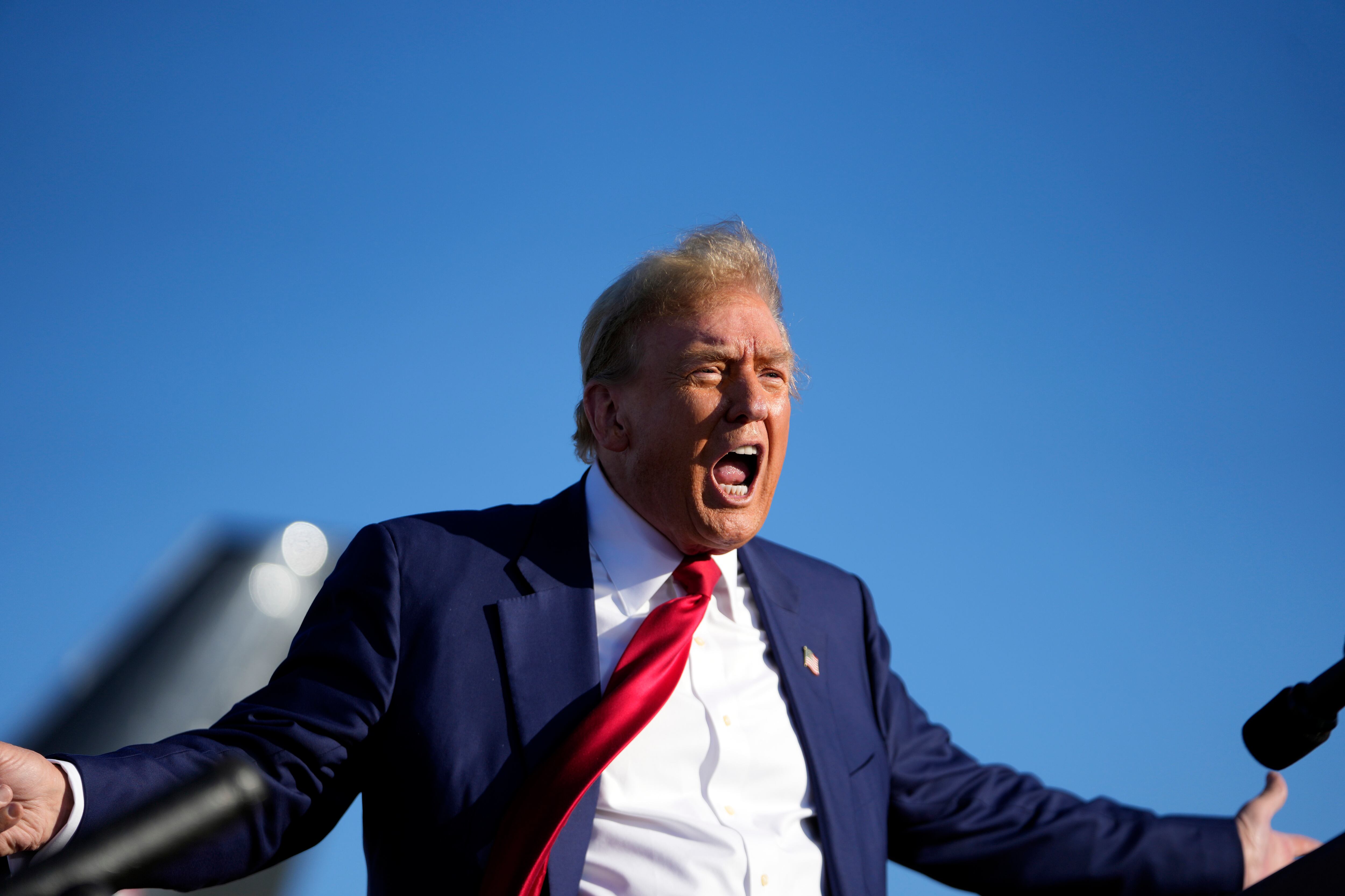 Republican presidential candidate former President Donald Trump speaks at a campaign rally in Freeland, Mich., on Wednesday. A pair of rallies in the pivotal states of Wisconsin and Michigan are his first campaign trail appearances since his trial in New York over alleged campaign finance violations started.