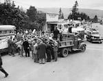 Harold Stassen is seen among a crowd of voters on the campaign trail in Cascade Locks, Ore. in May 1948.