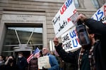 Employees and supporters gather to protest outside of the U.S. Agency for International Development (USAID) headquarters on Feb. 03, 2025 in Washington, DC. Elon Musk, tech billionaire and head of the Department of Government Efficiency (DOGE), said in a social media post that he and U.S. President Donald Trump will shut down the foreign assistance agency.