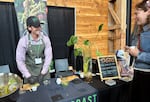 Markus Mead, left, of Oregon Coast Wasabi letting spice fans taste fresh wasabi at the first annual WasabiFest in Portland, Ore., on June 14, 2025. Mead explained the majority of the "wasabi" in the U.S. is colored horseradish and often has no wasabi in it.