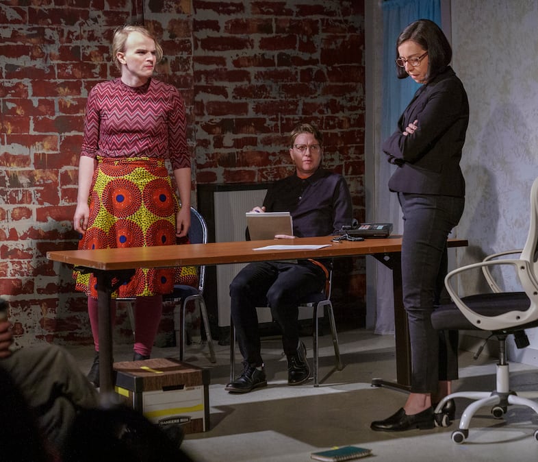 (Left to right) Lisa, played by Naomi Jackson, Dennis, played by R. David Wylie, and Caroline Warner played by Adriana Gantzer, during rehearsal.